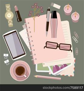 Personal diary on the table. Women&rsquo;s glamorous things. Clock, lipstick, stationery, candles, smartphone. Stylish workplace. Vector flat illustration