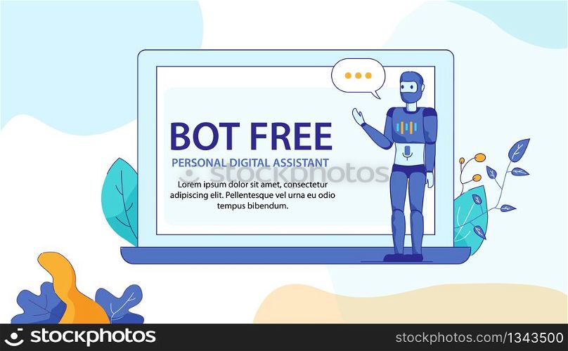 Personal Digital Assistant with Dialogue Bubbles below PC Screen. Banner with Bot Free for Computer or Mobile Applications in Floral Design. Artificial Intelligence, Digital Help Concept.. Personal Digital Assistant Bot Free for Computer