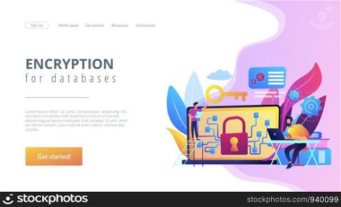Personal digital security. Defence, protection from hackers, scammers. Data breaches, data leakage prevention, encryption for databases concept. Website homepage landing web page template.. Data leakage concept landing page