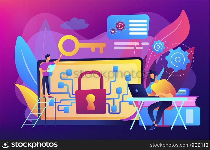 Personal digital security. Defence, protection from hackers, scammers. Data breaches, data leakage prevention, encryption for databases concept. Bright vibrant violet vector isolated illustration. Data leakage concept vector illustration