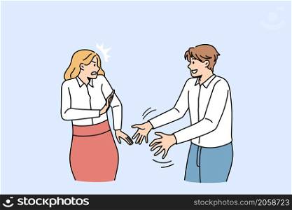 Personal distance and boundaries concept. Smiling positive man worker standing trying to touch female colleague with stressed face and pushing him hands vector illustration. Personal distance and boundaries concept