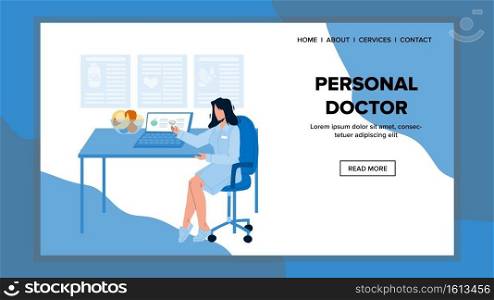 Personal Doctor In Clinic Medical Cabinet Vector. Personal Doctor Young Woman Sitting On Chair And Waiting Patient For Health Consultation. Character Hospital Worker Web Flat Cartoon Illustration. Personal Doctor In Clinic Medical Cabinet Vector