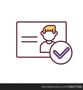 Personal document check RGB color icon. Passport, license with avatar. Documentation for identification. Membership pass. Customer ID. Background check. Isolated vector illustration. Personal document check RGB color icon