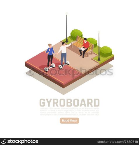 Personal eco green transportation isometric background with outdoor park scenery editable text and read more button vector illustration