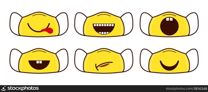 Personal face mask. Protective equipment design, antiviral reusable mouth accessories. Smile on template vector collection. Smile virus mask for protection coronavirus illustration. Personal face mask. Protective equipment design, antiviral reusable mouth accessories. Smile on template vector collection
