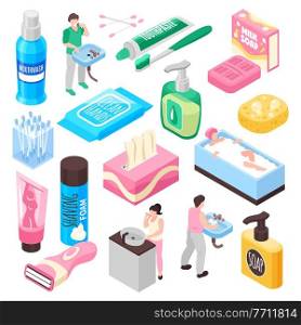 Personal family hygiene set with milk soap and toothpaste isometric isolated vector illustration. Personal Family Hygiene Set