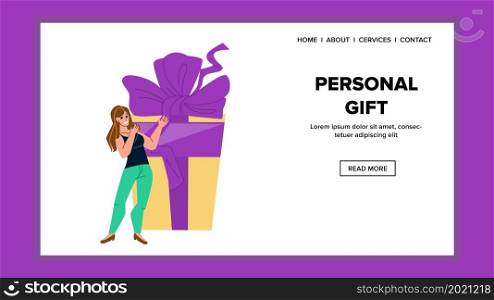 Personal Gift Box Getting Happy Young Woman Vector. Personal Gift Get Girl On Birthday Or Christmas Event Holiday. Character With Present Package Decorated Ribbon And Bow Web Flat Cartoon Illustration. Personal Gift Box Getting Happy Young Woman Vector