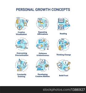 Personal growth concept icons set. Self improvement, goals achievement idea thin line RGB color illustrations. Skills and relationship development. Vector isolated outline drawings. Editable stroke. Personal growth concept icons set