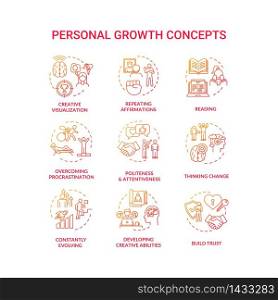 Personal growth concept icons set. Self improvement, goals achievement idea thin line RGB color illustrations. Skills and relationship development. Vector isolated outline drawings. Personal growth concept icons set