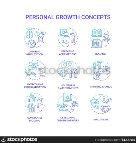 Personal growth concept icons set. Self improvement, goals achievement idea thin line RGB color illustrations. Professional and creative development. Vector isolated outline drawings. Personal growth concept icons set