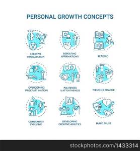 Personal growth concept icons set. Self improvement, goals achievement idea thin line RGB color illustrations. Professional and creative development. Vector isolated outline drawings. Editable stroke. Personal growth concept icons set