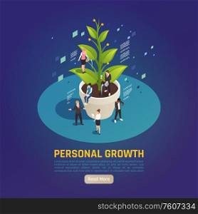 Personal growth development plant metaphor circular isometric composition with people setting goals collaborating achieving results vector illustration