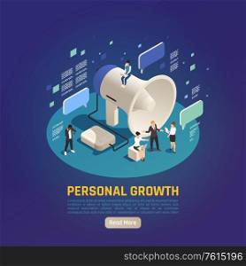 Personal growth isometric composition with big megaphone loudspeaker text messages communication symbols web page background vector illustration