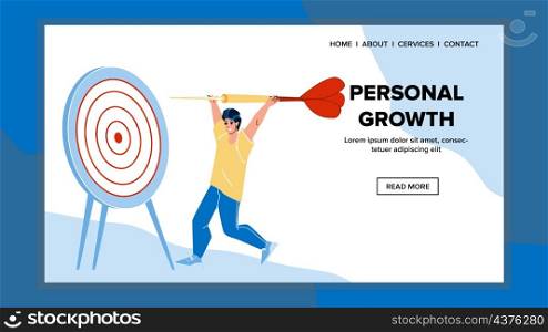 Personal Growth Man Successful Achievement Vector. Young Businessman Personal Growth And Success Goal Management. Character With Dart Aiming And Targeting Web Flat Cartoon Illustration. Personal Growth Man Successful Achievement Vector