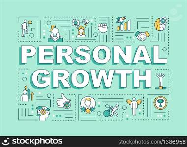Personal growth word concepts banner. Self development and individual improvement. Infographics with linear icons on mint background. Isolated typography. Vector outline RGB color illustration. Personal growth word concepts banner
