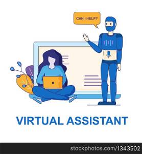 Personal Help from Virtual Assistant. Woman with Laptop Use Communicate. Android Robot front of Screen Offering Help. Smart Chatbot Giving Quick Answer to Question. Artificial Intelligence Concept. Personal Help of Digital Virtual Assistant at Work