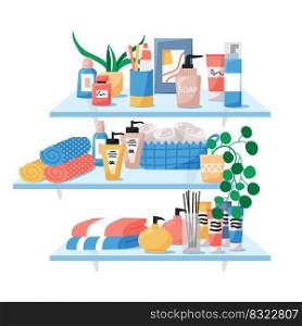 Personal hygiene composition, bathroom accessories, dental clean toothbrush and paste. Shower gel, sh&oo and soap on shelf, toilet towels, houseplants and aroma candles. Vector illustration icons. Personal hygiene composition, bathroom accessories, dental clean toothbrush and paste. Shower gel, sh&oo and soap on shelf, houseplants and aroma candles. Vector illustration icons