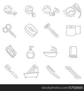 Personal hygiene decorative icons outline set with razor scissors toothbrush hairbrush isolated vector illustration. Hygiene Icons Outline