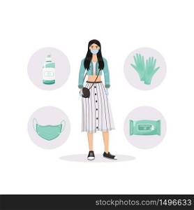 Personal hygiene flat concept vector illustration. Healthcare, virus protection. Woman wearing face mask and gloves 2D cartoon character for web design. PPE and disinfection products creative idea. Personal hygiene flat concept vector illustration