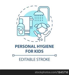 Personal hygiene for kids blue concept icon. Teach child of hygiene routine abstract idea thin line illustration. Wash hands and teeth. Vector isolated outline color drawing. Editable stroke. Personal hygiene for kids blue concept icon