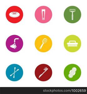Personal hygiene icons set. Flat set of 9 personal hygiene vector icons for web isolated on white background. Personal hygiene icons set, flat style