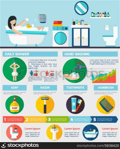 Personal hygiene infographic report layout. Daily morning shower and personal hygiene procedures infographic presentation poster with round flat pictograms abstract vector illustration