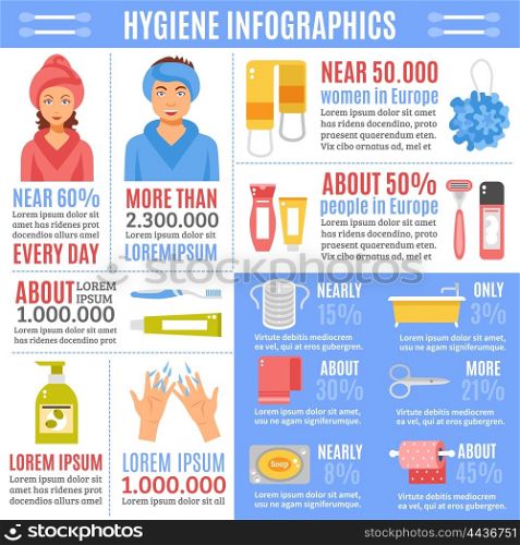 Personal Hygiene Infographics Flat Banner . European man woman personal hygienic procedures infographic flat poster with items used and efficiency statistics abstract vector illustration