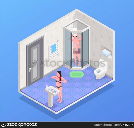 Personal hygiene isometric concept with modern bathroom interior design vector illustration