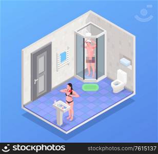 Personal hygiene isometric concept with modern bathroom interior design vector illustration