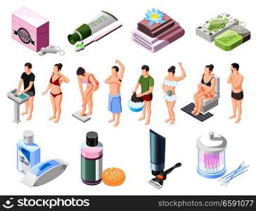 Personal hygiene isometric icons set soap sh&oo shaving cream wet wipes towel t&ons for intimate hygiene vector illustration . Hygiene Isometric Icons Set