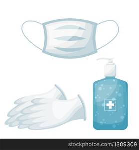 Personal hygiene set, facial mask with medical gloves and hand sanitizer. vector illustration
