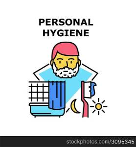 Personal Hygiene Vector Icon Concept. Shower Bathing, Teeth Brushing And Shaving Personal Hygiene Procedure In Bathroom. Daily Hygienic Treatment For Health Care Color Illustration. Personal Hygiene Vector Concept Color Illustration