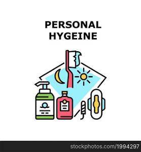 Personal Hygiene Vector Icon Concept. Swab And Pad Woman Personal Hygiene Accessories, Cream And Lotion Cosmetic Package, Toothbrush And Toothpaste For Brushing Teeth Color Illustration. Personal Hygiene Vector Concept Color Illustration