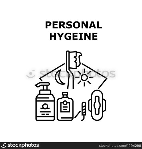 Personal Hygiene Vector Icon Concept. Swab And Pad Woman Personal Hygiene Accessories, Cream And Lotion Cosmetic Package, Toothbrush And Toothpaste For Brushing Teeth Black Illustration. Personal Hygiene Vector Concept Black Illustration