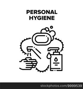 Personal Hygiene Vector Icon Concept. Washing Hands With Soap And Liquid Sanitizer Bottle With Pump For Personal Hygiene. Sanitary And Health Protection Soapy Foam Black Illustration. Personal Hygiene Vector Black Illustrations