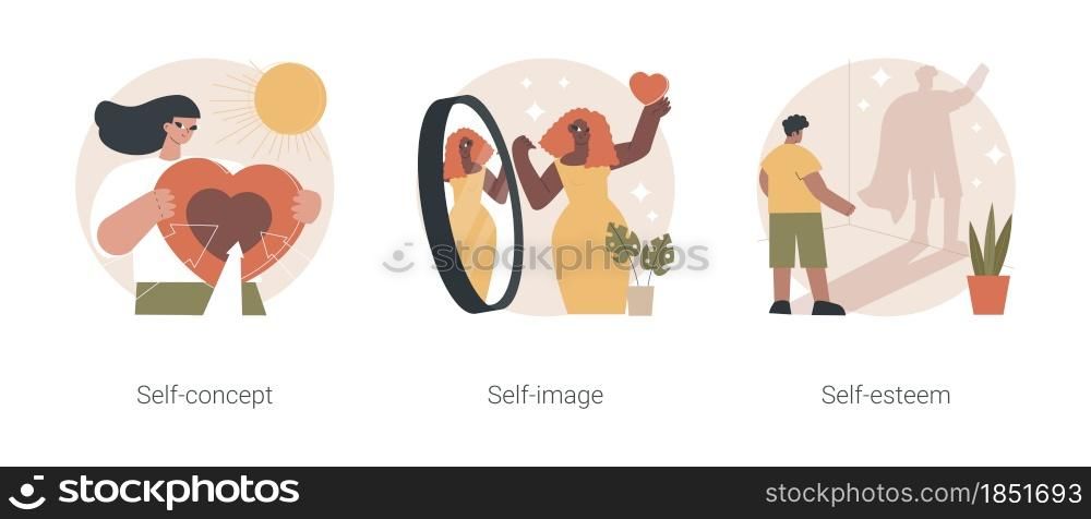 Personal image abstract concept vector illustration set. Self-concept, self-image and esteem, social role, individual psychology, confidence, positive self-perception, portrait abstract metaphor.. Personal image abstract concept vector illustrations.