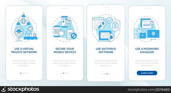 Personal info protection tips onboarding mobile app page screen. Internet safety walkthrough four steps graphic instructions with concepts. UI, UX, GUI vector template with linear color illustrations. Personal info protection tips onboarding mobile app page screen