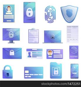 Personal information icons set. Cartoon set of personal information vector icons for web design. Personal information icons set, cartoon style