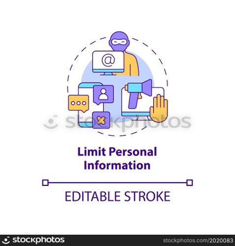 Personal information limitation concept icon. Protecting privacy online abstract idea thin line illustration. Keeping data save in internet. Vector isolated outline color drawing. Editable stroke. Personal information limitation concept icon