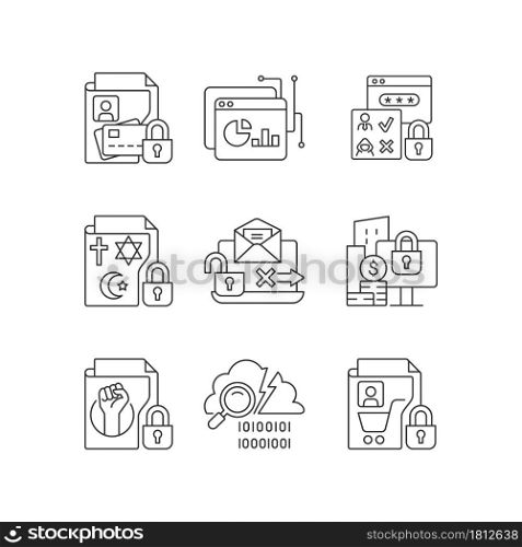 Personal information linear icons set. Financial data. Analytical tool. Authorization. Religious beliefs. Customizable thin line contour symbols. Isolated vector outline illustrations. Editable stroke. Personal information linear icons set