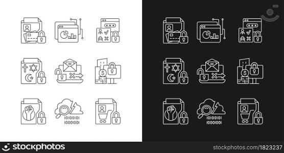 Personal information linear icons set for dark and light mode. Financial data. Analytical tool. Authorization. Customizable thin line symbols. Isolated vector outline illustrations. Editable stroke. Personal information linear icons set for dark and light mode