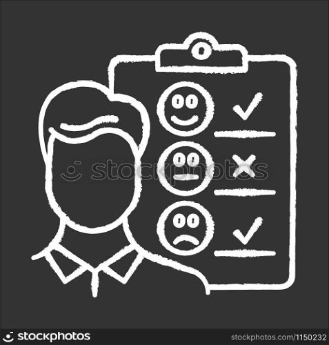 Personal interview chalk icon. Survey questionnaire form. Customer service rating, review. Feedback. Employee satisfaction. Emotional opinion. Data collection. Isolated vector chalkboard illustration