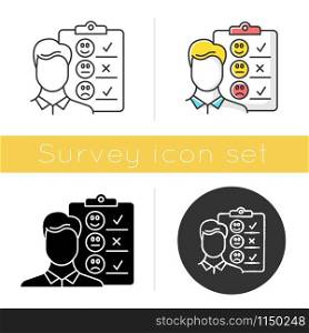 Personal interview icon. Survey questionnaire form. Customer service rating. Employee satisfaction. Emotional opinion. Glyph design, linear, chalk and color styles. Isolated vector illustrations