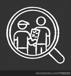 Personal interview survey chalk icon. Face-to-face poll. Social research. Customer satisfaction. Feedback. Evaluation. Data collection. Sociology. Isolated vector chalkboard illustration