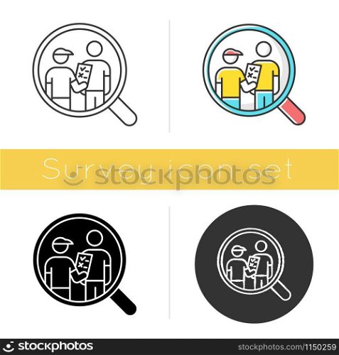 Personal interview survey icon. Face-to-face poll. Social research. Customer satisfaction. Feedback. Data collection. Glyph design, linear, chalk and color styles. Isolated vector illustrations