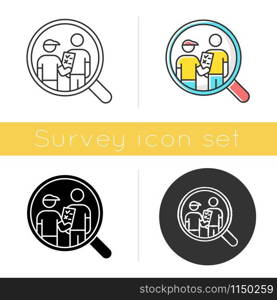 Personal interview survey icon. Face-to-face poll. Social research. Customer satisfaction. Feedback. Data collection. Glyph design, linear, chalk and color styles. Isolated vector illustrations