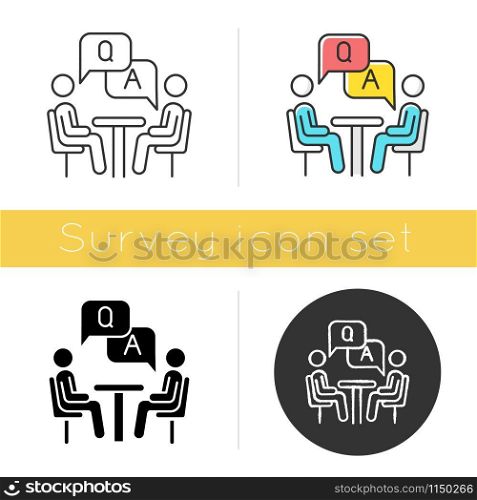 Personal interview survey icon. Questions and answers poll. Social research. Customer satisfaction. Feedback. Evaluation. Glyph design, linear, chalk and color styles. Isolated vector illustrations
