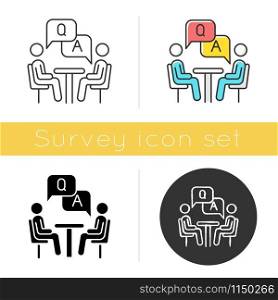 Personal interview survey icon. Questions and answers poll. Social research. Customer satisfaction. Feedback. Evaluation. Glyph design, linear, chalk and color styles. Isolated vector illustrations