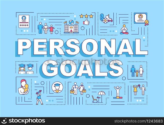Personal lifetime goals word concepts banner. Life dreams and aspirations. Smart planning. Infographics with linear icons on blue background. Isolated typography. Vector outline RGB color illustration