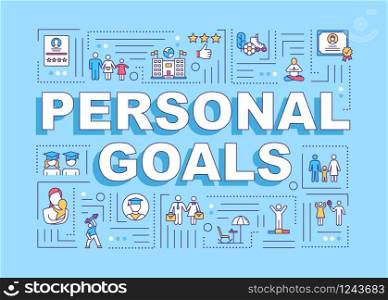 Personal lifetime goals word concepts banner. Life dreams and aspirations. Smart planning. Infographics with linear icons on blue background. Isolated typography. Vector outline RGB color illustration
